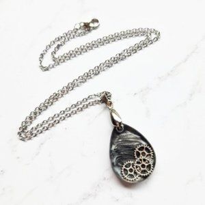 Steampunk Teardrop Pendant Necklace Floating Gears Shimmering Charcoal Black
